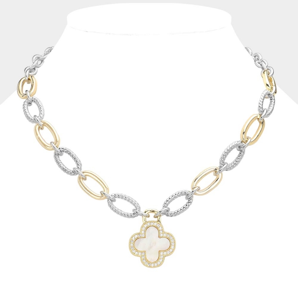 Two Tone CZ Gold Clover Quatrefoil Pendant Chain Link Charm Necklace Silver